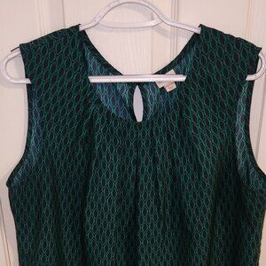 EUC Merona Silky-Feel Sleeveless Blouse Green and Navy Print Pleated Neck 2xl